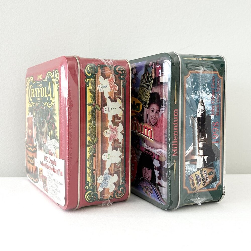 New! 2 Vtg 1992 1999 CRAYOLA Crayon Collector Tins Millennium Holiday & Ornament - Picture 3 of 6